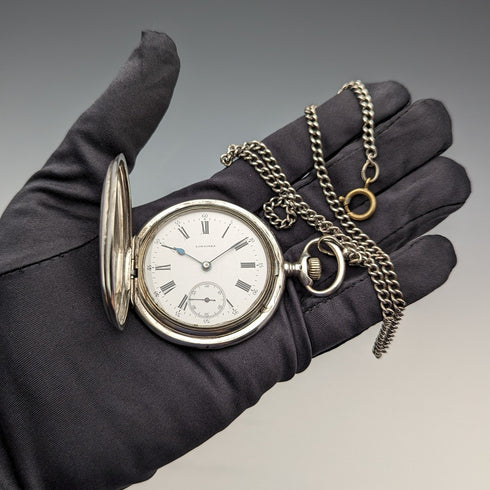 Circa 1908 Antique Longines Pocket Watch, Engraved Silver Side Hunter Case, Good Working Condition, Chain Included